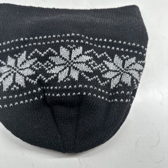 Bkack Knit Fleece Lined Snowflake Beanie Winter Warm Snow Hat - Picture 9 of 9
